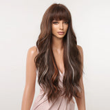 Long Wavy Mixed with Bangs Blonde Red Wig Synthetic Wigs