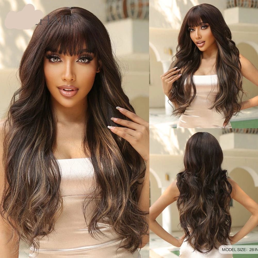 Long Wavy Mixed with Bangs Blonde Red Wig Synthetic Wigs 
