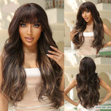 Long Wavy Mixed with Bangs Blonde Red Wig Synthetic Wigs 