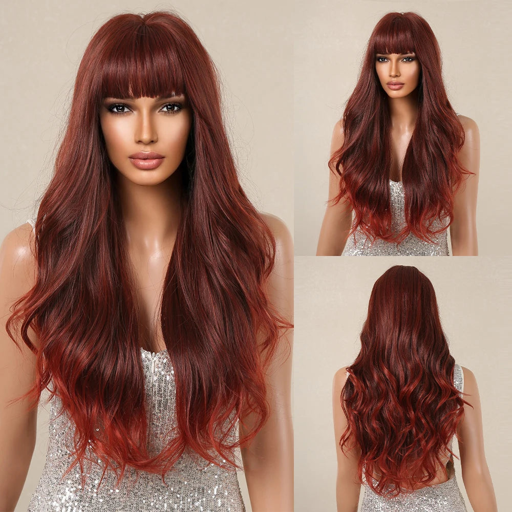 Long Wavy Mixed with Bangs Blonde Red Wig Synthetic Wigs