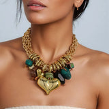 Model Using Love Pendant Statement Multi-layer Beaded Necklace