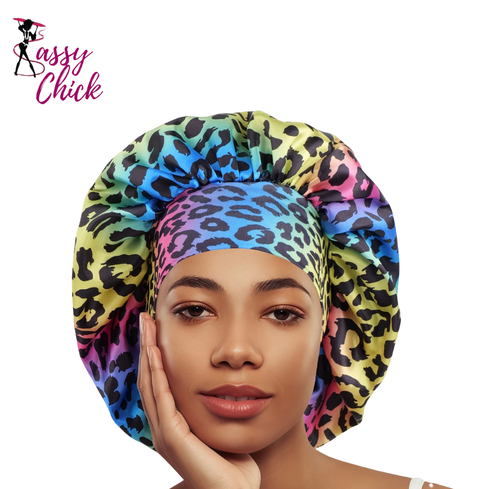 Luxurious Leopard Print Satin Sleep Bonnet Sassy Chick Logo