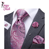 Luxury 8.5cm Pink Paisley Silk Business Tie Pocket Square Cufflink Sassy Chick Logo