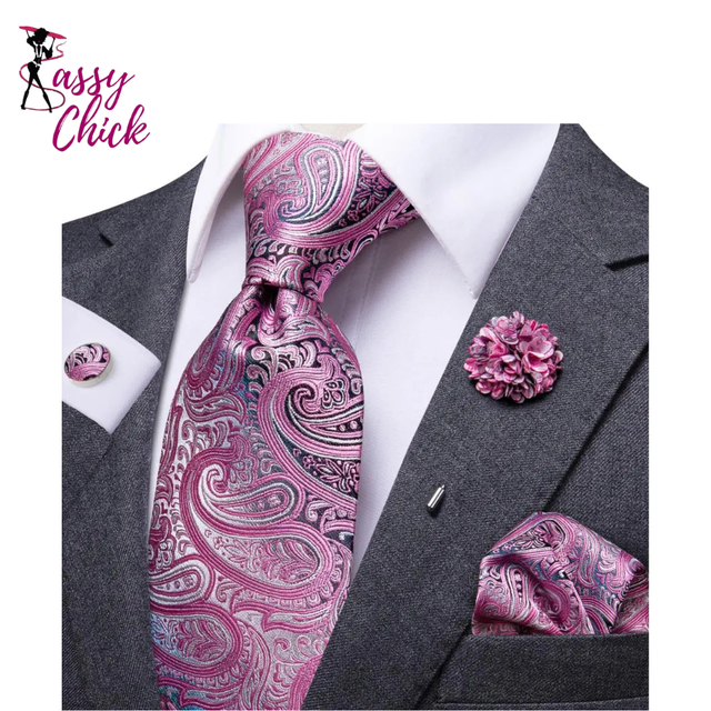 Luxury 8.5cm Pink Paisley Silk Business Tie Pocket Square Cufflink Sassy Chick Logo