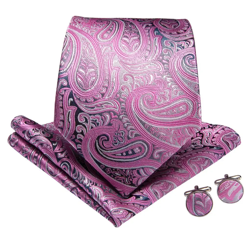 Pink Luxury 8.5cm Pink Paisley Silk Business Tie Pocket Square Cufflink