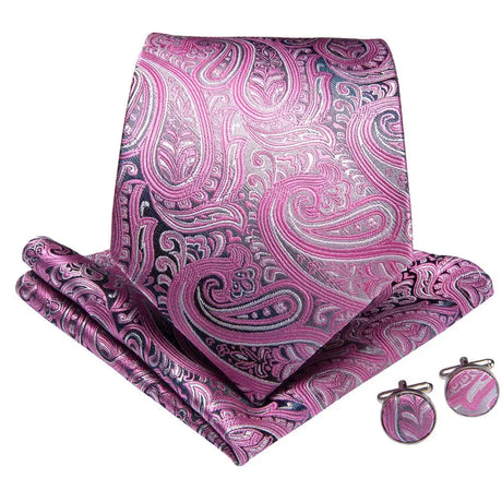 Pink Luxury 8.5cm Pink Paisley Silk Business Tie Pocket Square Cufflink