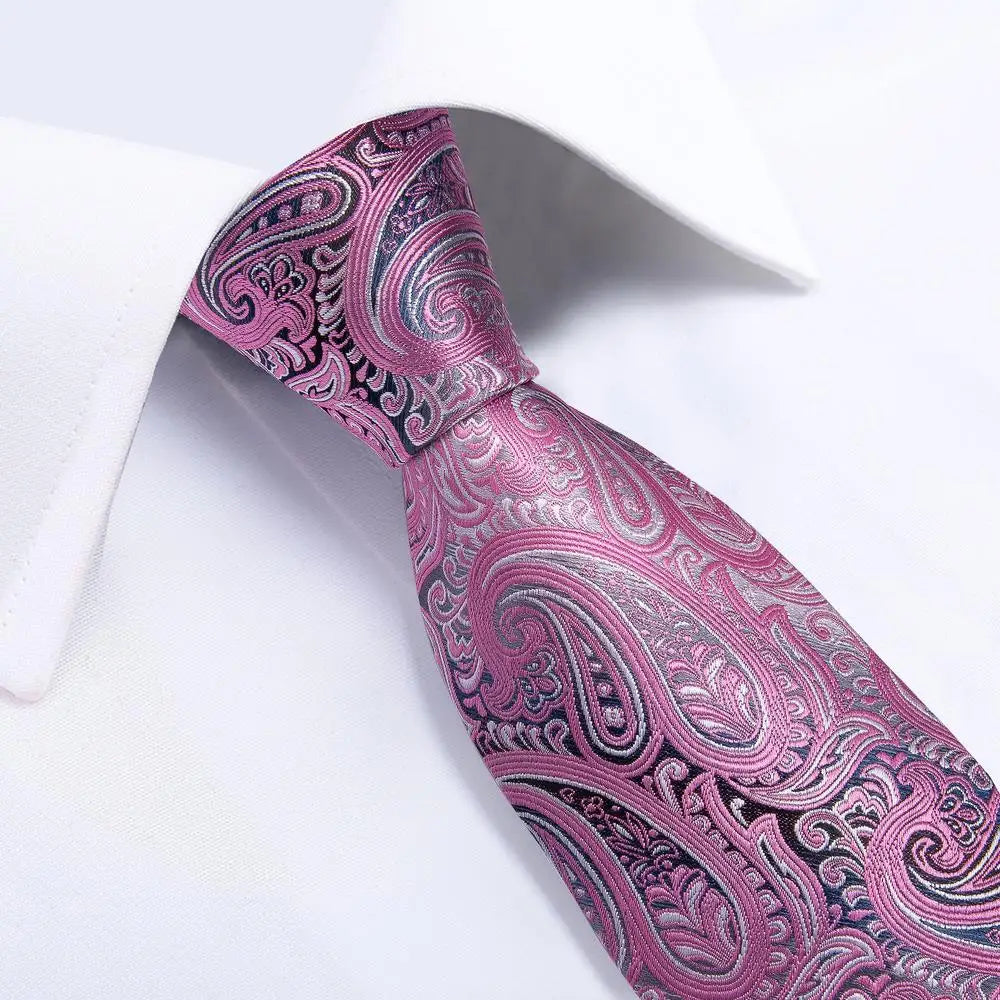 Luxury 8.5cm Pink Paisley Silk Business Tie Pocket Square Cufflink
