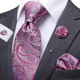 Luxury 8.5cm Pink Paisley Silk Business Tie Pocket Square Cufflink