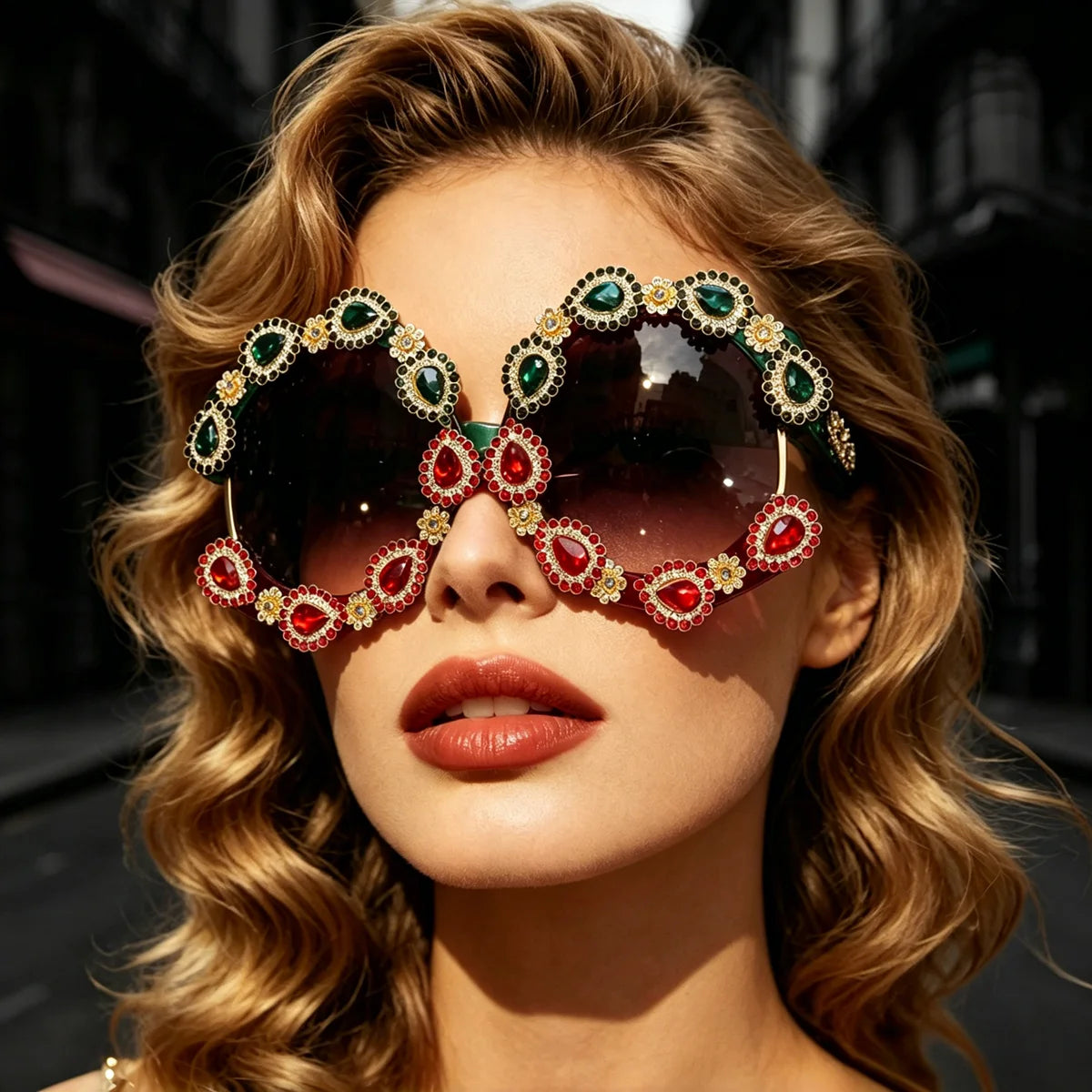 Model Using Luxury Baroque Oversized Rhinestone Sunglasses