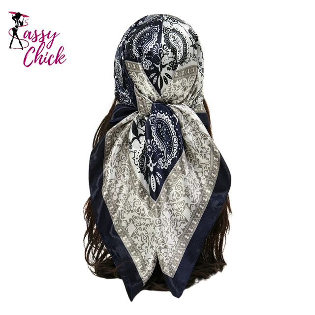 Luxury Beach Satin Square Silk Scarf Print Hijab Scarves Bandana Sassy Chick Logo