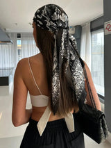 Model using Luxury Beach Satin Square Silk Scarf Print Hijab Scarves Bandana