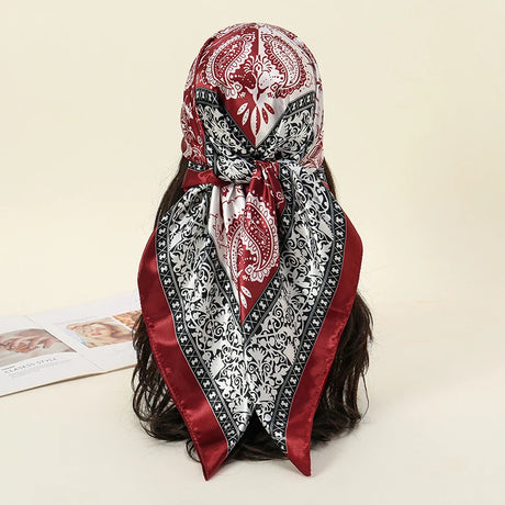 Red Gray Luxury Beach Satin Square Silk Scarf Print Hijab Scarves Bandana