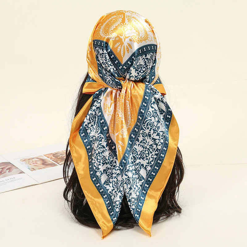 Yellow Blue Luxury Beach Satin Square Silk Scarf Print Hijab Scarves Bandana