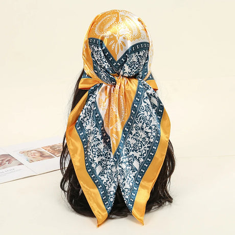 Yellow Blue Luxury Beach Satin Square Silk Scarf Print Hijab Scarves Bandana