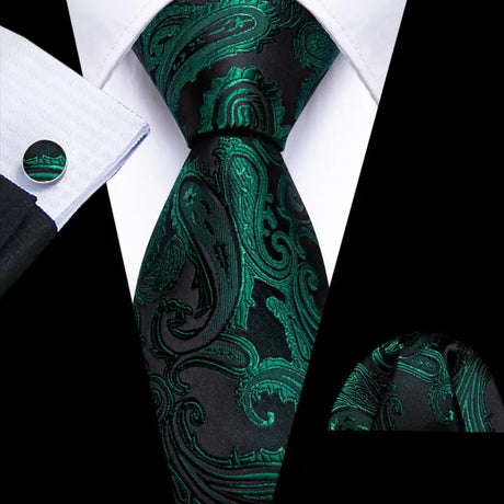 Luxury Black Green Leaves Floral Silk Men Ties Set