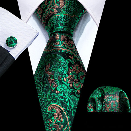 Luxury Black Green Leaves Floral Silk Men Ties Set