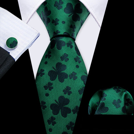 Luxury Black Green Leaves Floral Silk Men Ties Set