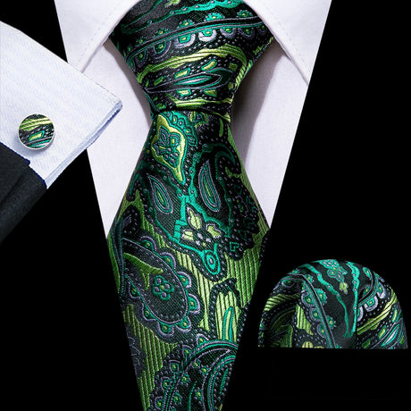 Luxury Black Green Leaves Floral Silk Men Ties Set