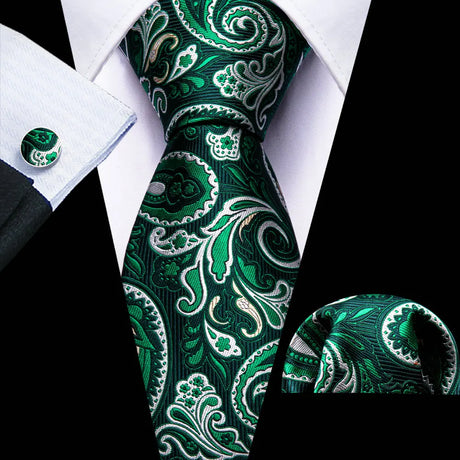 Luxury Black Green Leaves Floral Silk Men Ties Set