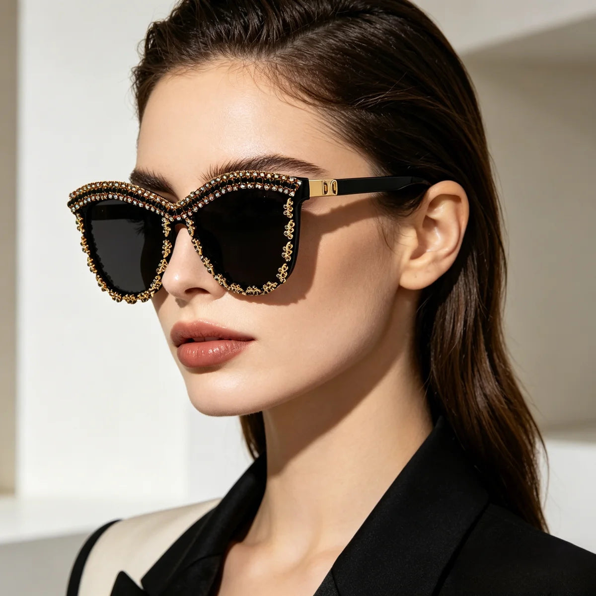 Model Using Luxury Bling AB Rhinestone Crystal Square Sunglasses
