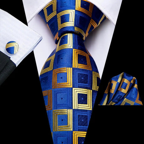 Blue Luxury Blue Plaid Elegant Handky Cufflinks Tie Set