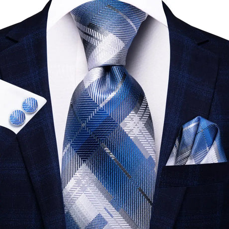 Blue Luxury Blue Plaid Elegant Handky Cufflinks Tie Set