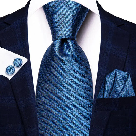 Blue Luxury Blue Plaid Elegant Handky Cufflinks Tie Set