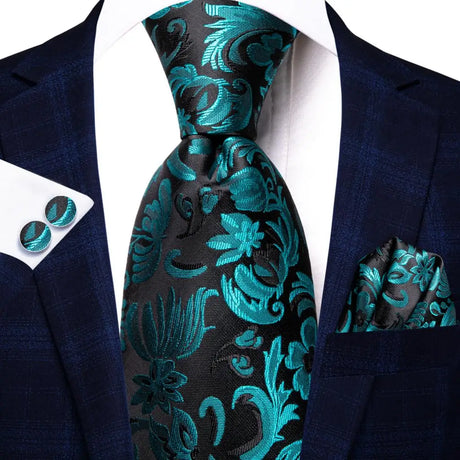 Green Luxury Blue Plaid Elegant Handky Cufflinks Tie Set