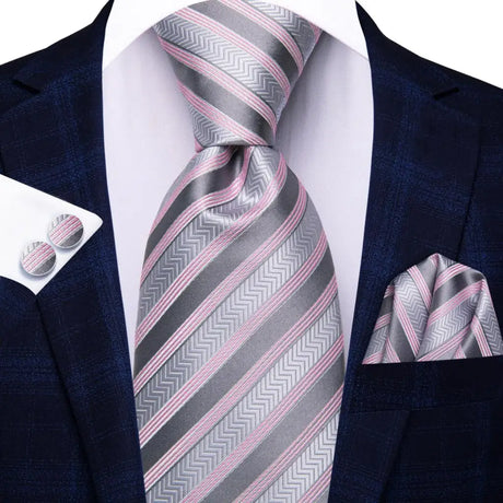 Pink Luxury Blue Plaid Elegant Handky Cufflinks Tie Set