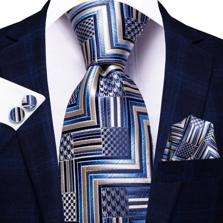 Blue Luxury Blue Plaid Elegant Handky Cufflinks Tie Set