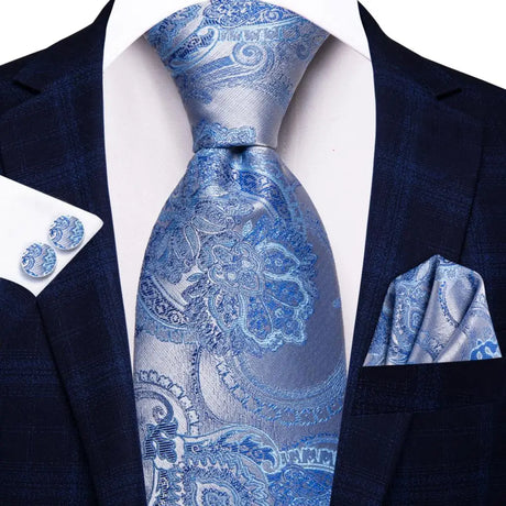 Blue Luxury Blue Plaid Elegant Handky Cufflinks Tie Set
