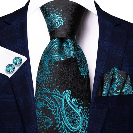 Blak Luxury Blue Plaid Elegant Handky Cufflinks Tie Set