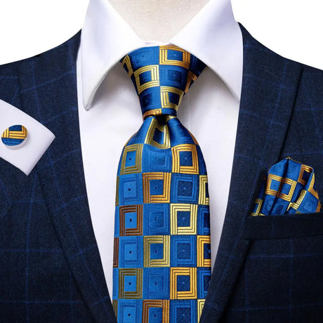 Blue Luxury Blue Plaid Elegant Handky Cufflinks Tie Set