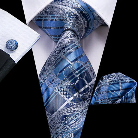 Blue Luxury Blue Plaid Elegant Handky Cufflinks Tie Set