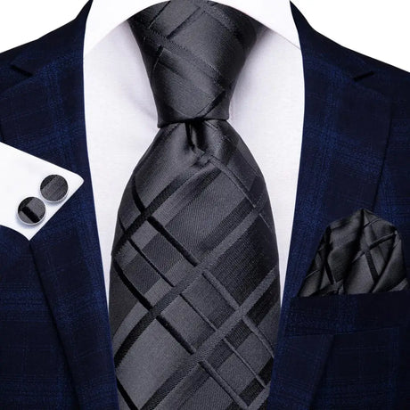 Black Luxury Blue Plaid Elegant Handky Cufflinks Tie Set