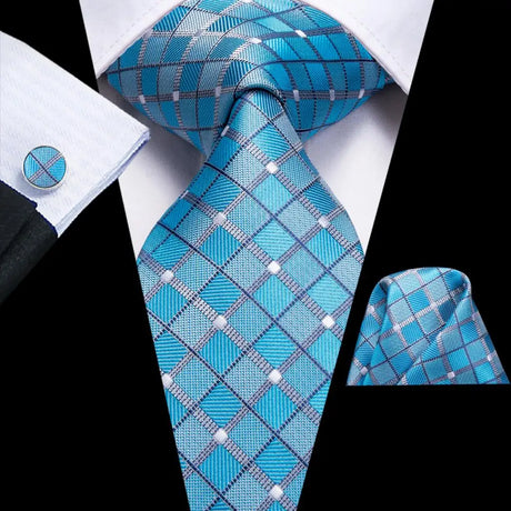 Blue Luxury Blue Plaid Elegant Handky Cufflinks Tie Set