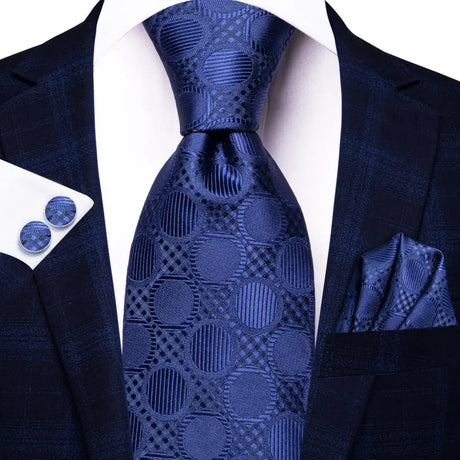 Blue Luxury Blue Plaid Elegant Handky Cufflinks Tie Set