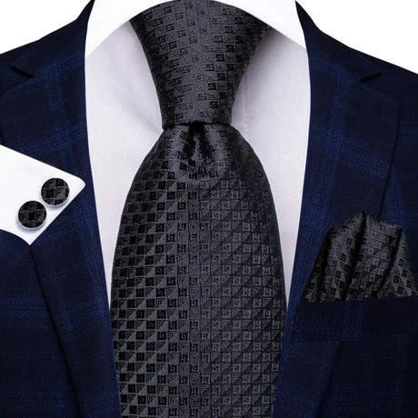 Black Luxury Blue Plaid Elegant Handky Cufflinks Tie Set