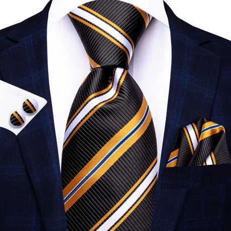 Black Gold Luxury Blue Plaid Elegant Handky Cufflinks Tie Set
