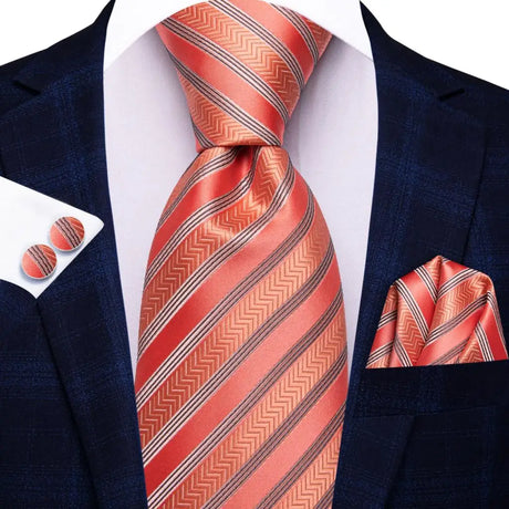 Orange Luxury Blue Plaid Elegant Handky Cufflinks Tie Set