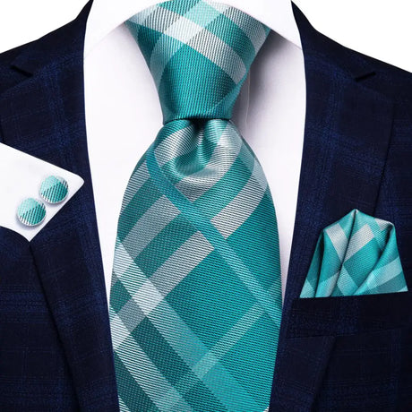 Green Luxury Blue Plaid Elegant Handky Cufflinks Tie Set