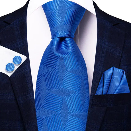 Blue Luxury Blue Plaid Elegant Handky Cufflinks Tie Set