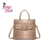 khaki crocodile leather handbag sassy chick logo