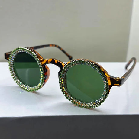 Green Luxury Diamond  Round Shining Rhinestone Sunglasses
