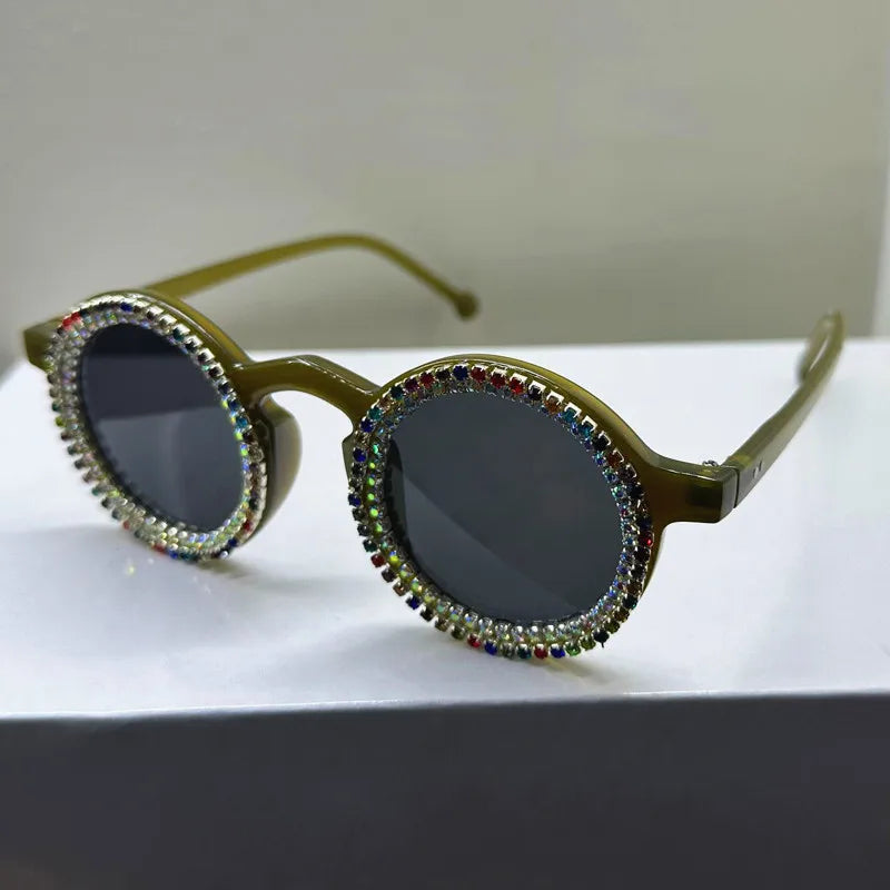 Black Luxury Diamond  Round Shining Rhinestone Sunglasses