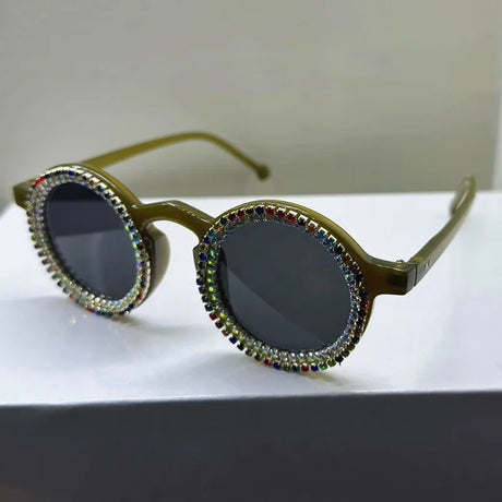 Black Luxury Diamond  Round Shining Rhinestone Sunglasses