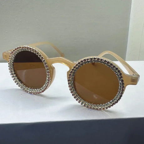 Brown Luxury Diamond  Round Shining Rhinestone Sunglasses