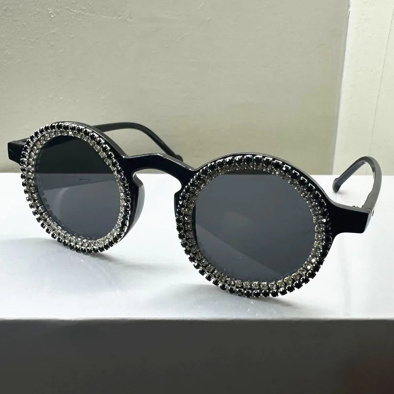 Black Luxury Diamond  Round Shining Rhinestone Sunglasses
