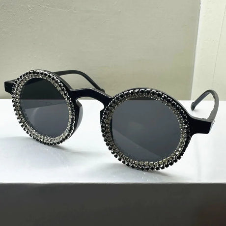 Black Luxury Diamond  Round Shining Rhinestone Sunglasses