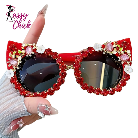 Luxury Flower Rhinestone Cat Eye Sunglasses Sassy Chick Logo